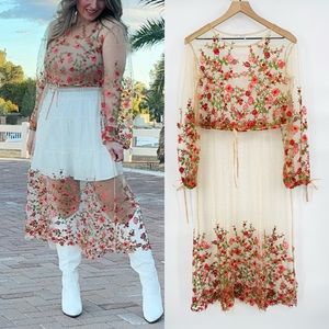 Kimchi Blue Floral Embroidered Midi Dress - Cream and Red